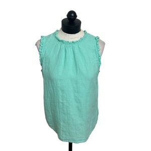 J Crew Linen Cotton Light Green Teal Ruffle Keyhole Sleeveless Blouse Top Size M